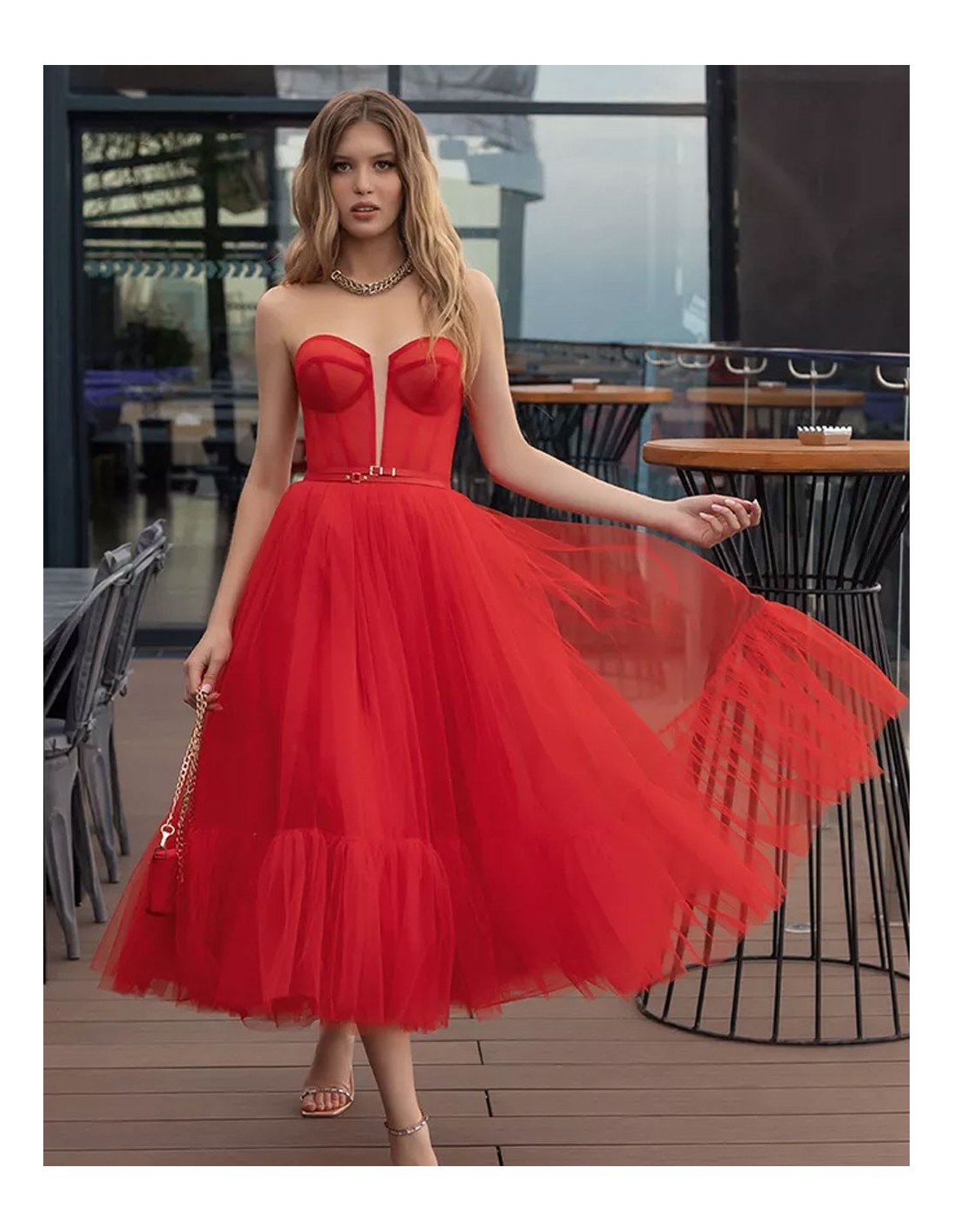 Vestido De Fiesta Midi Realizado En Tul Palabra De Honor INVITADISIMA