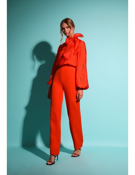 Long orange party pants with straight high rise