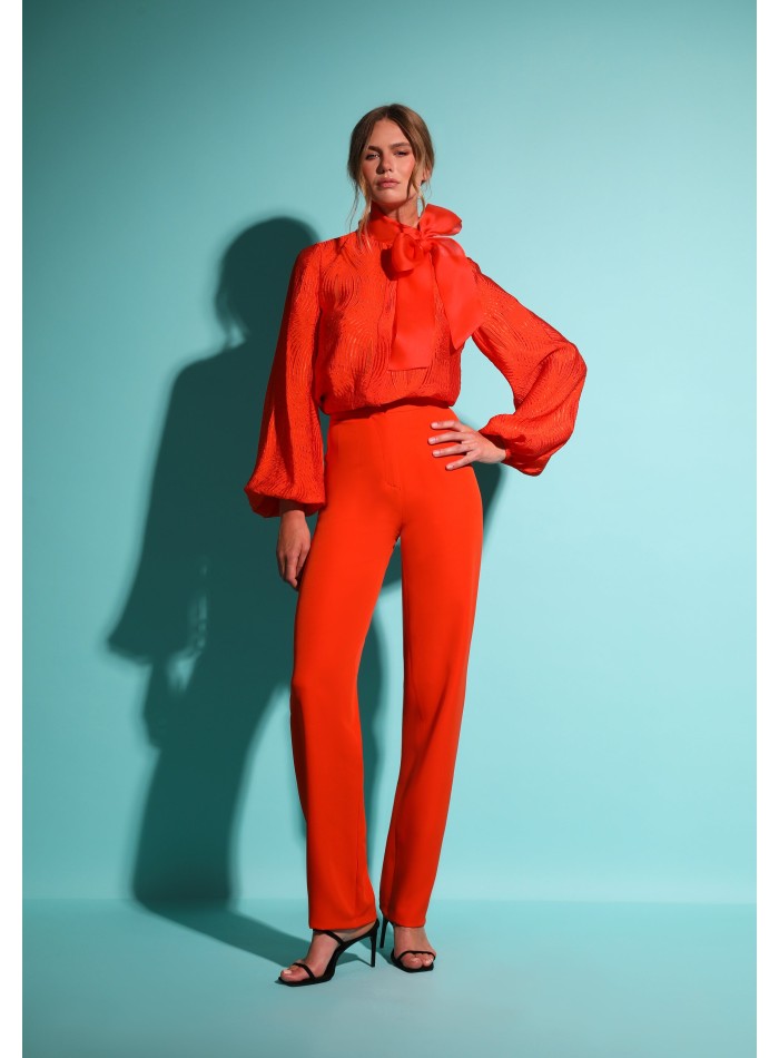 Long orange party pants with straight high rise