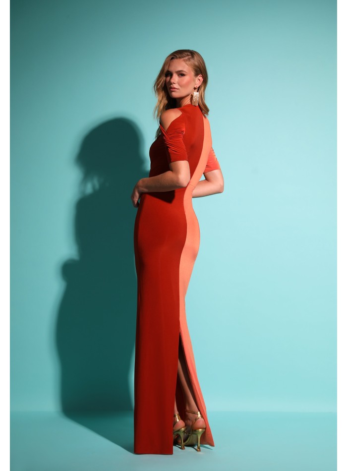 Bicolor long party dress with cut-out sleeves and center knotting