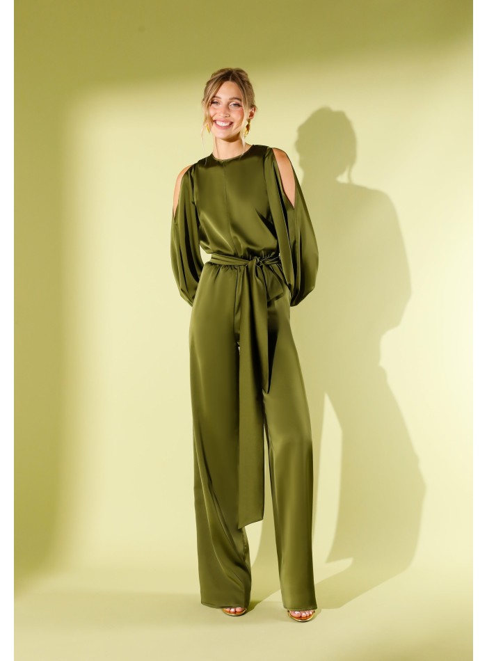 Olive green satin party jumpsuit with open long sleeves