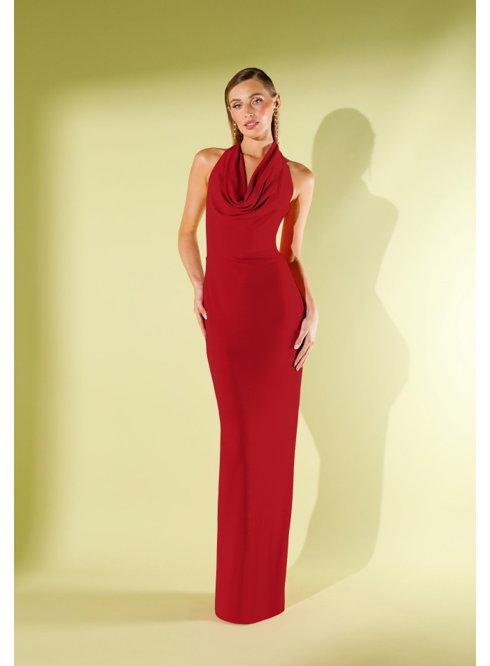 Long red knitted dress with draped cascade neckline