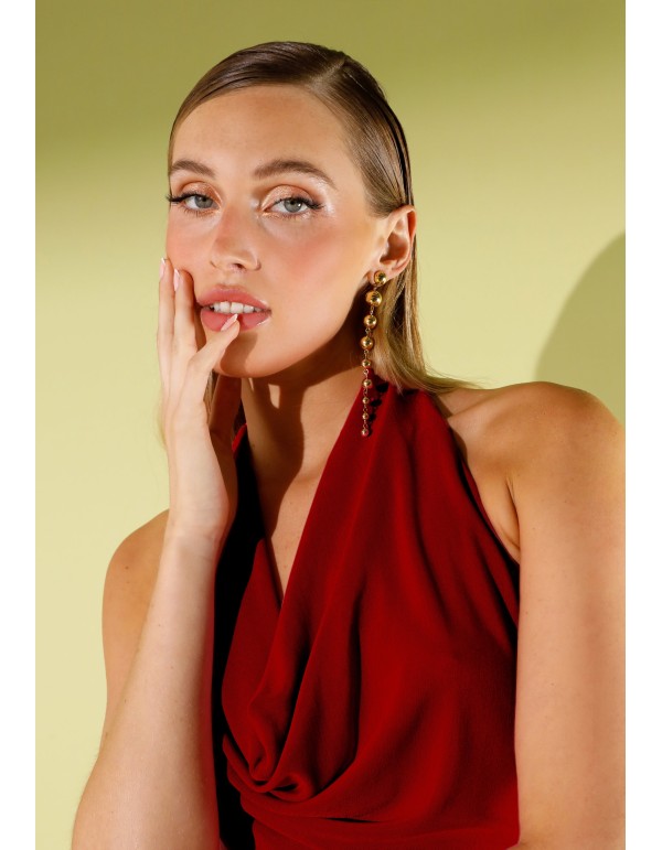 Long red knitted dress with draped cascade neckline 2