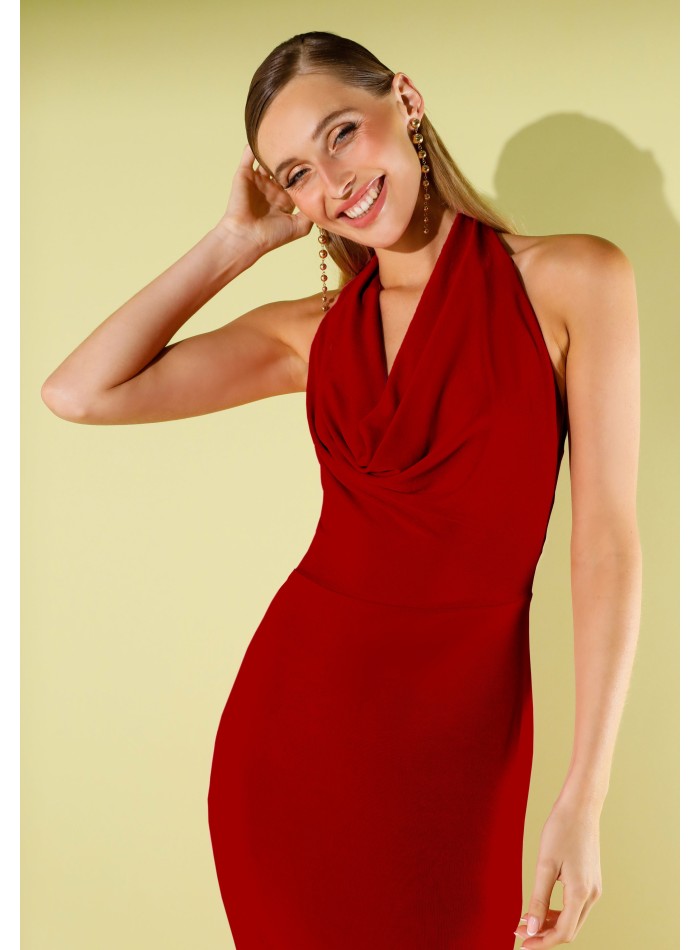 Long red knitted dress with draped cascade...