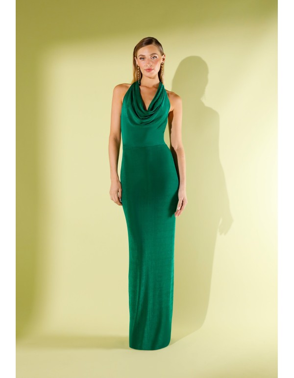 Vestido largo de fiesta verde con escote cascada drapeado 2