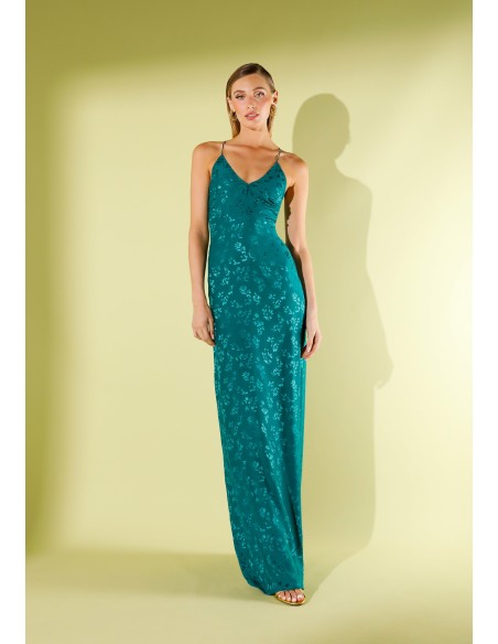 Robe longue de lingerie en jacquard vert avec bretelles