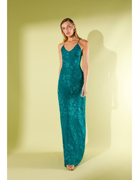 Robe longue de lingerie en jacquard vert avec bretelles