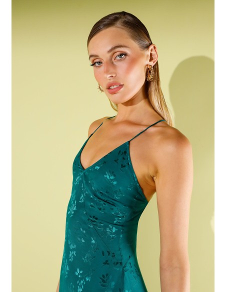 Robe longue de lingerie en jacquard vert avec bretelles