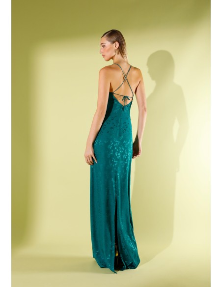 Robe longue de lingerie en jacquard vert avec bretelles