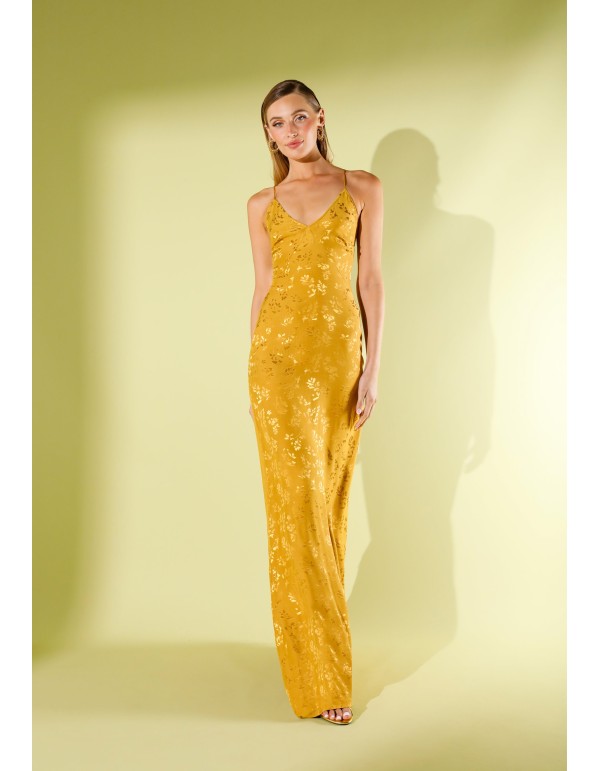 Mustard jacquard satin long dress with straps 2