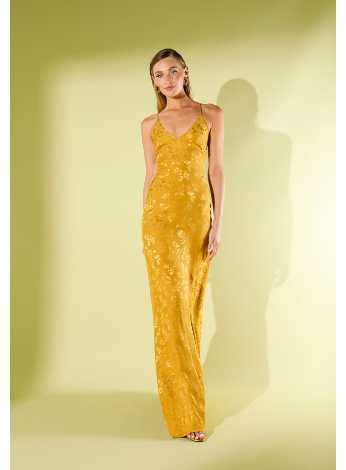 Mustard jacquard satin long dress with straps