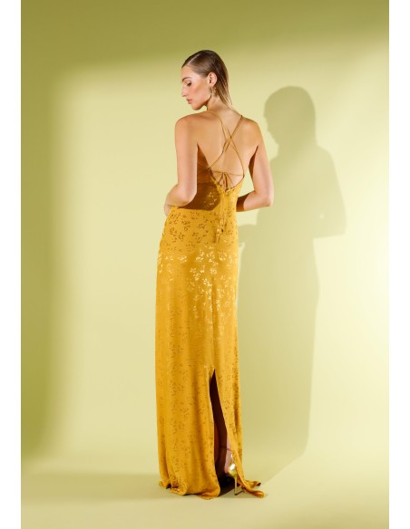 Mustard jacquard satin long dress with straps