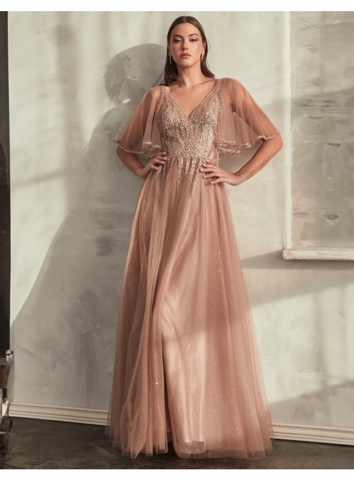 Evening dress with rhinestone bodice in shiny tulle