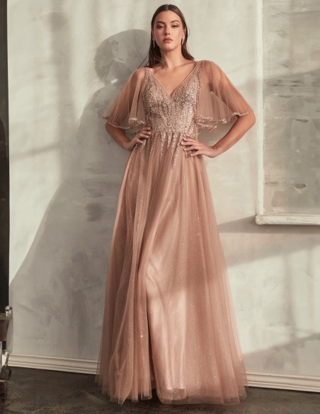 Vestido de fiesta con cuerpo de pedrería en tul brillante