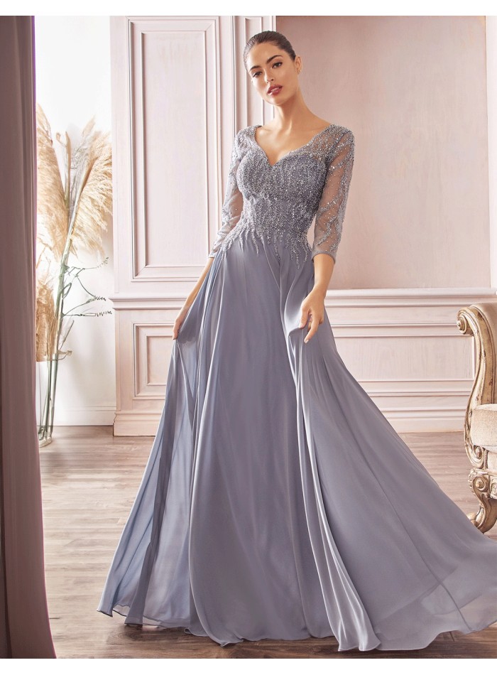 Evening dress with beaded sleeves and bodice