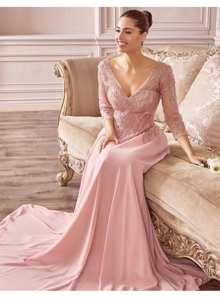 Evening dress with beaded sleeves and bodice