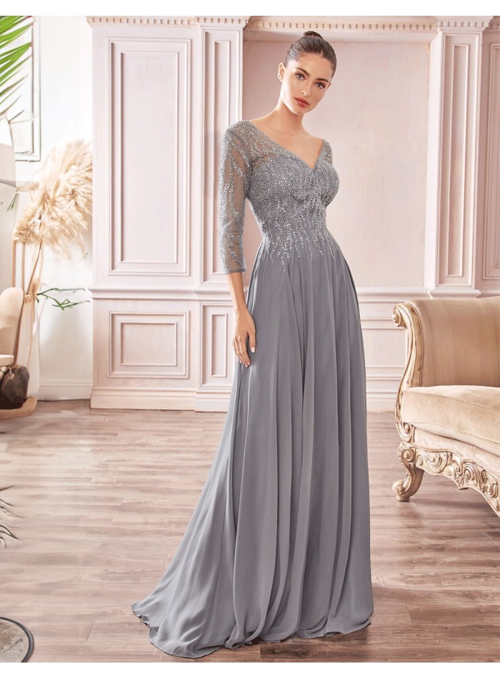 Evening dress with beaded sleeves and bodice