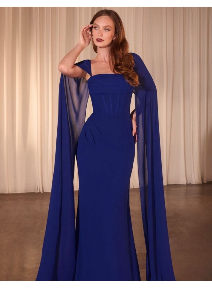 Maxi dress for a guest with a bodice and cape sleeves