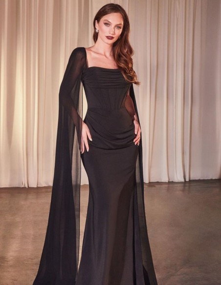 Maxi dress for a guest with a bodice and cape sleeves