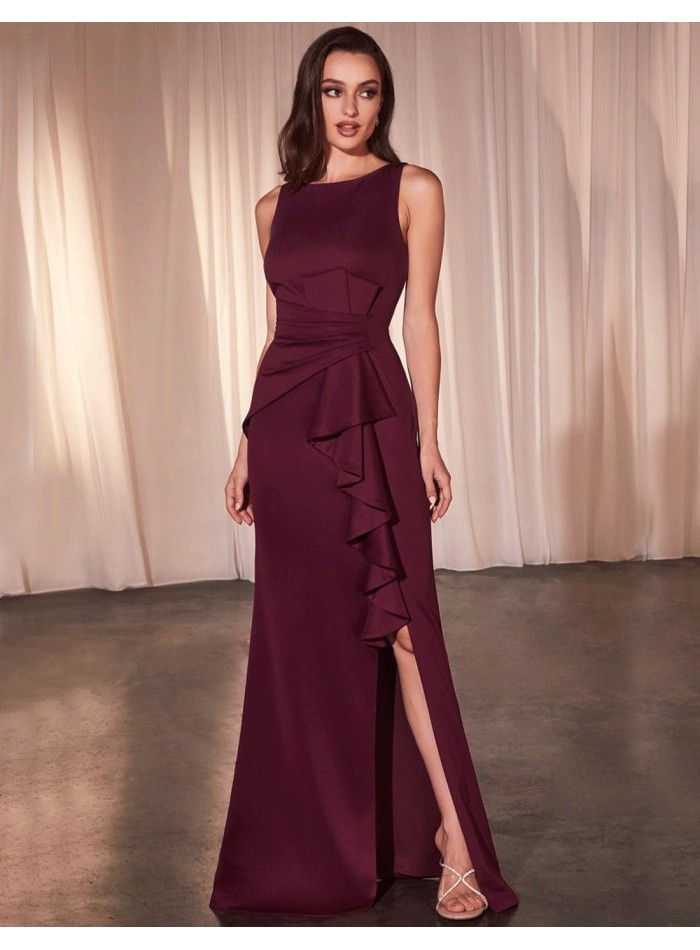 Burgundy evening dress with a frill front