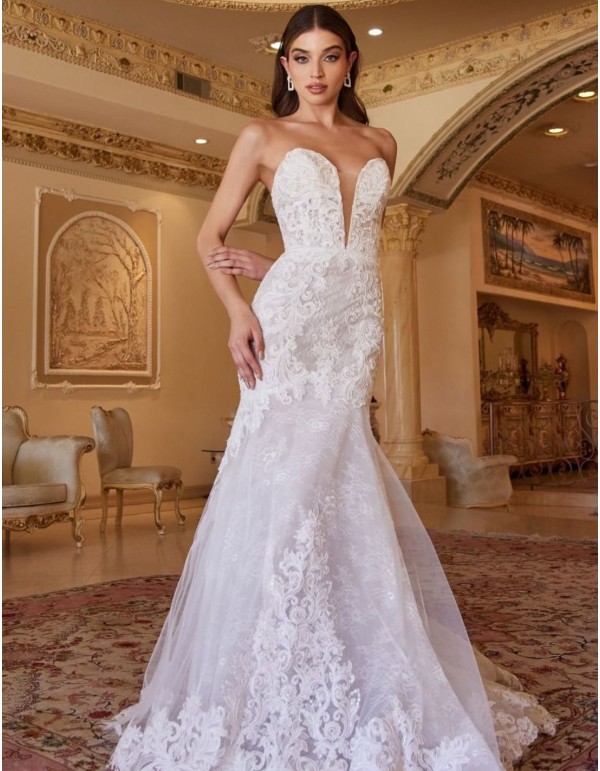 Vestido de novia de encaje sin tirantes y escote en V