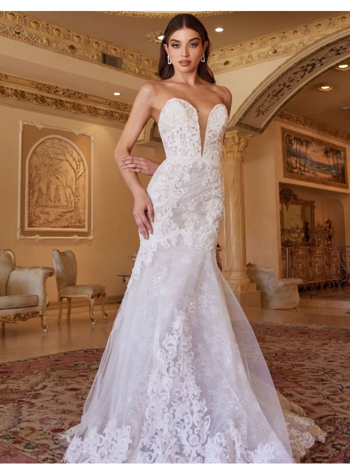 Strapless lace wedding dress with V-neckline