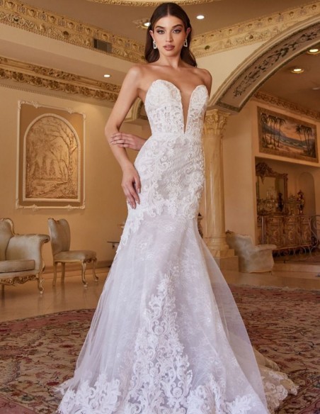 Strapless lace wedding dress with V-neckline
