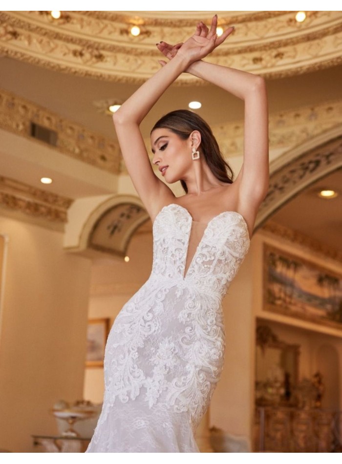 Strapless lace wedding dress with V-neckline