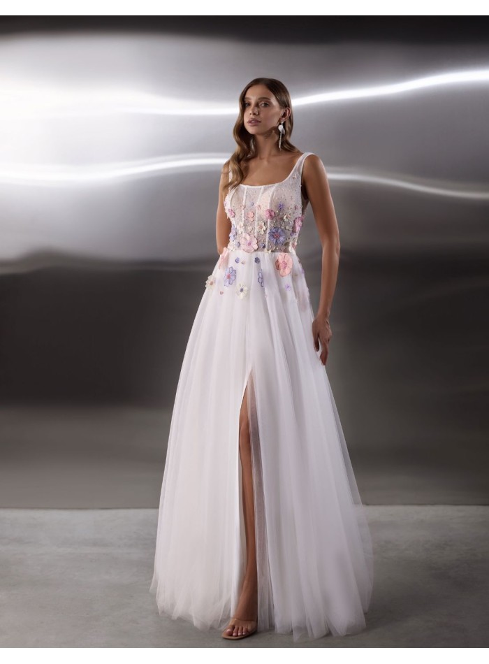 Long white wedding dress with floral...