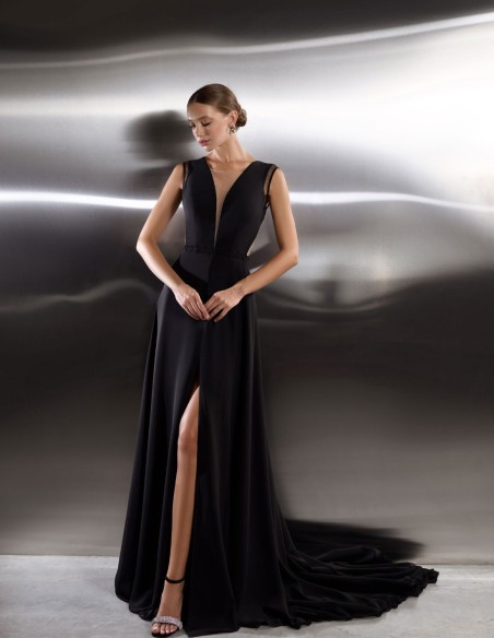 Long party dress with back embroidered with rhinestones and plumeti tulle