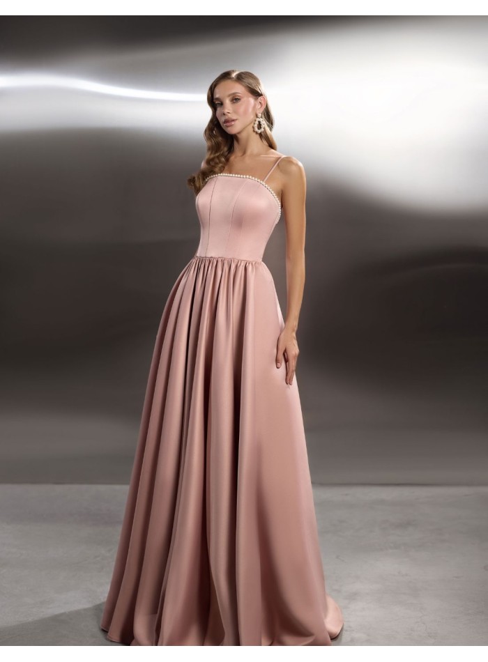 Long party dress with pearl neckline and straps