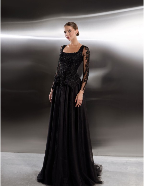 Long party dress with rhinestone bodice and long tulle...