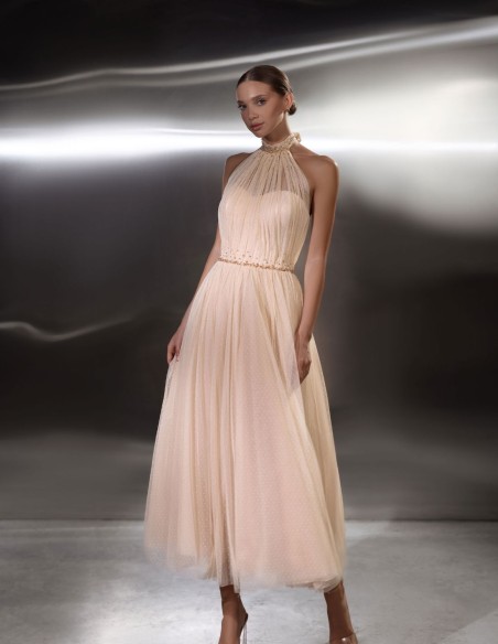 Vestido midi de fiesta en tul de plumeti plisado con escote halter