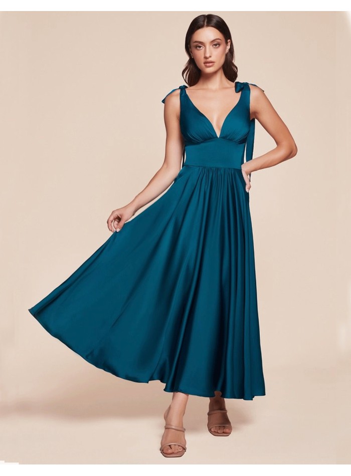 Robe de bal midi en satin avec jupe flottante pour votre invitée