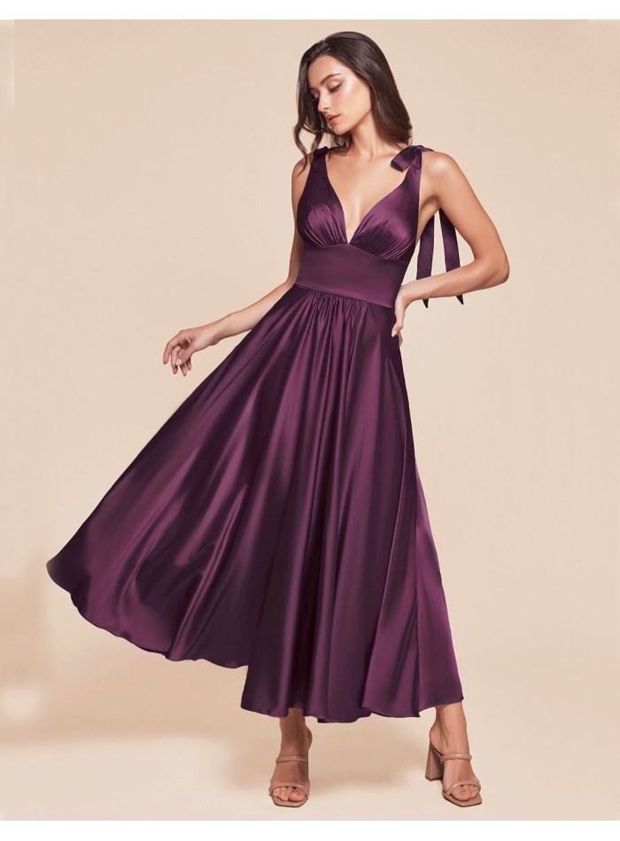 Robe de bal midi en satin avec jupe flottante pour votre invitée