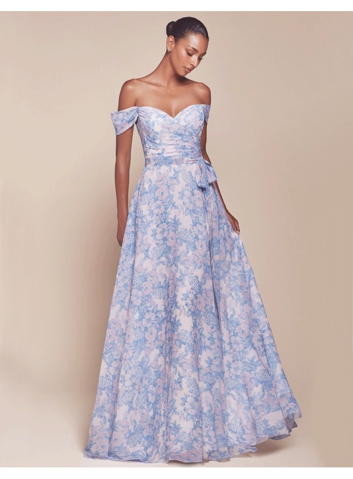 Long Gown with Bandeau Neckline and Floral Print