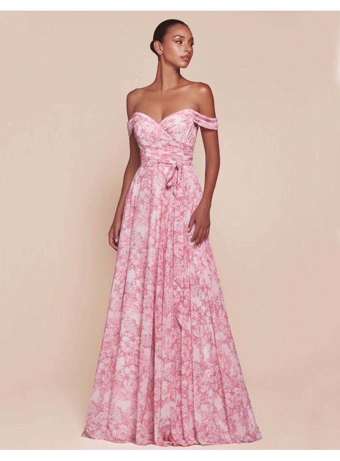 Long Gown with Bandeau Neckline and Floral Print