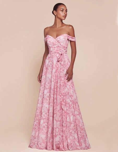 Long Gown with Bandeau Neckline and Floral Print Long Gown with Bandeau Neckline and Floral Print