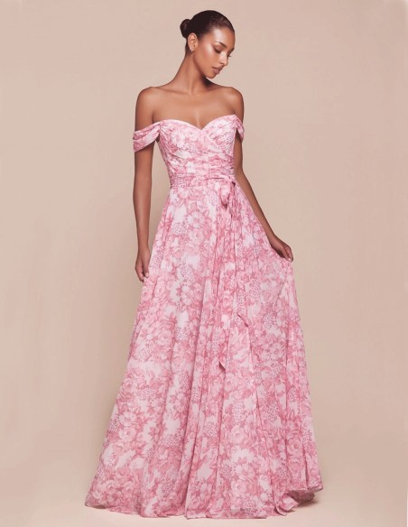 Long Gown with Bandeau Neckline and Floral Print