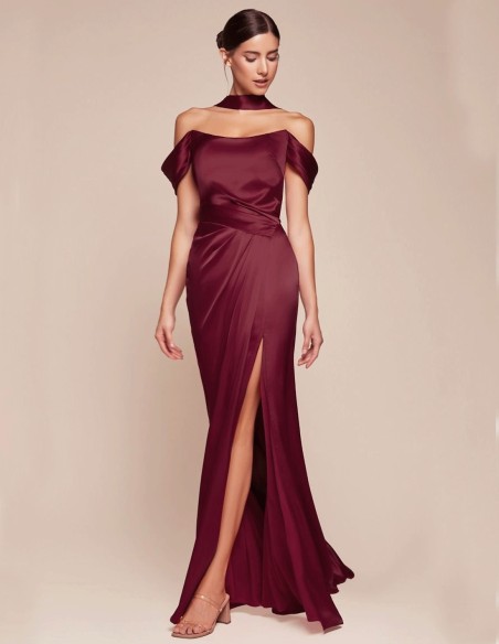 Off shoulder lace up corset satin long gown