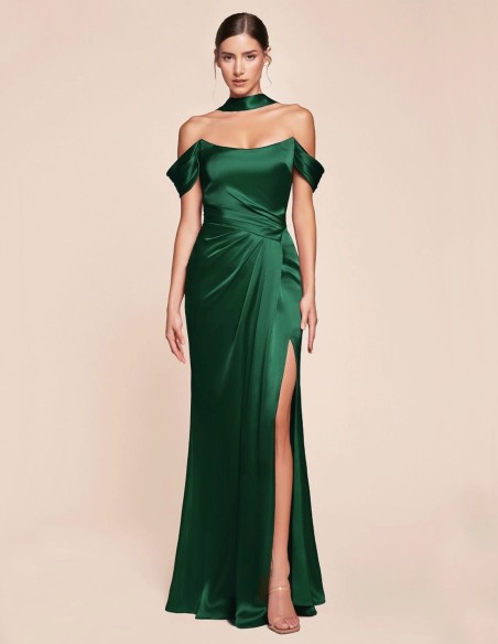 Off shoulder lace up corset satin long gown