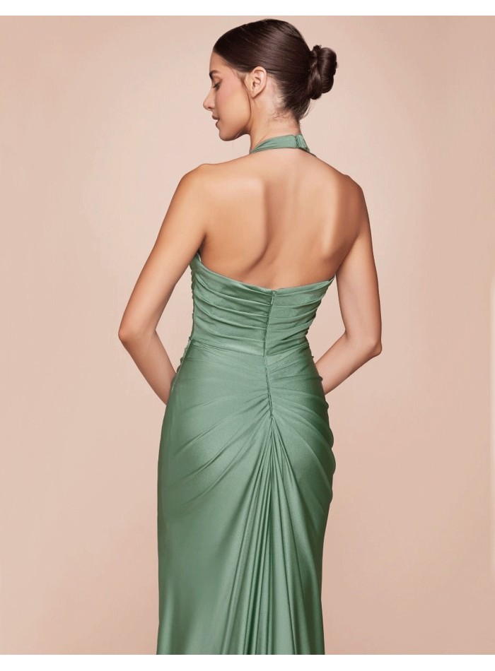 Long evening dress for guest with halter neckline