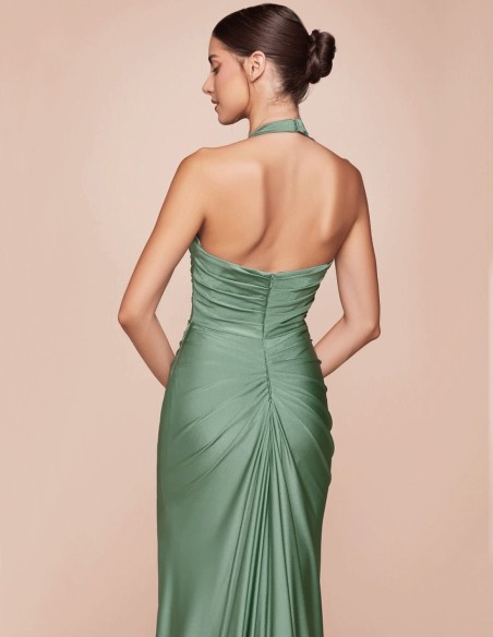 Long evening dress for guest with halter neckline