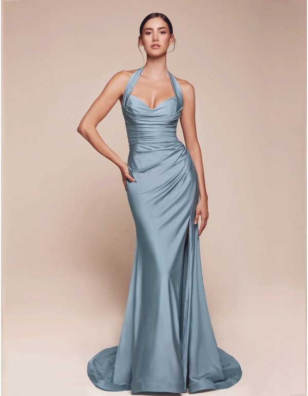 Long evening dress for guest with halter neckline