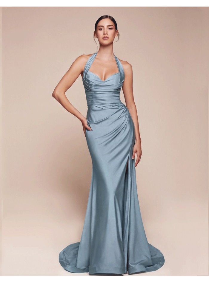 Long evening dress for guest with halter neckline