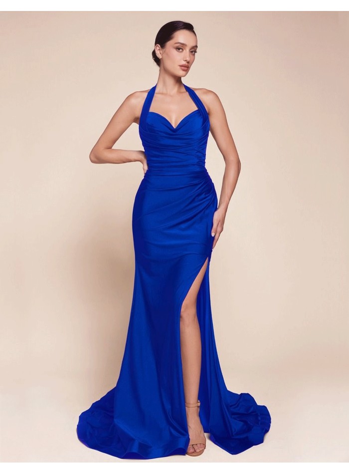 Long evening dress for guest with halter neckline