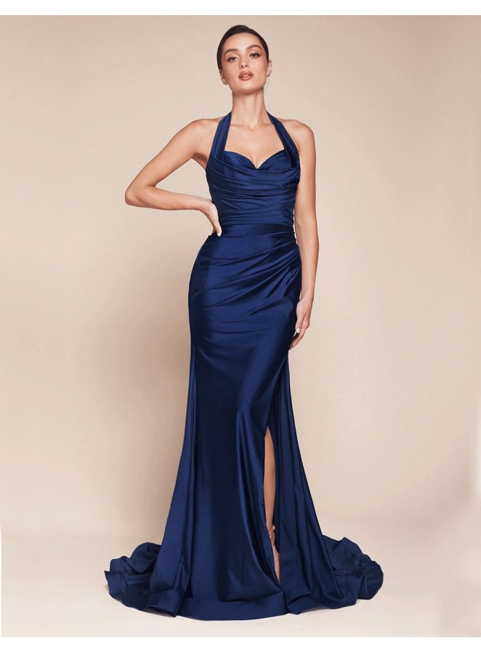 Long evening dress for guest with halter neckline