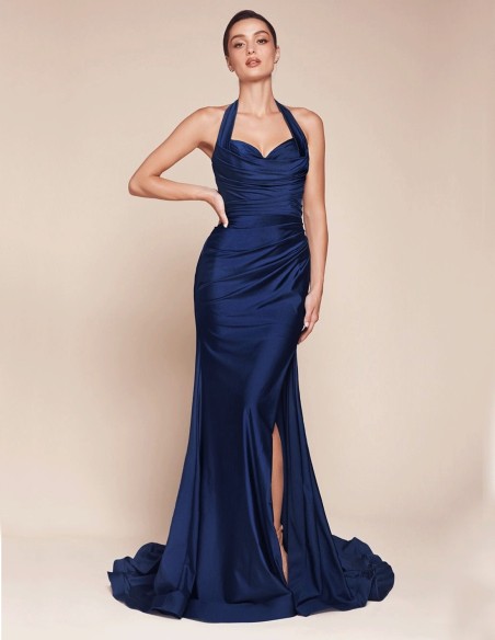 Long evening dress for guest with halter neckline