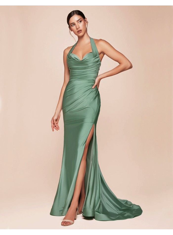 Long evening dress for guest with halter neckline