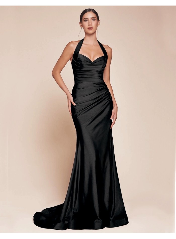 Long evening dress for guest with halter neckline